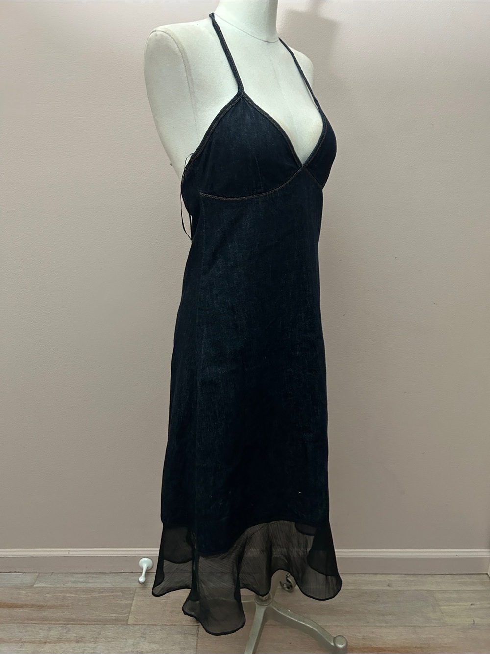 Lioness Black Halter Indigo Denim Midi Dress with Sheer Hem halter neck size S - Picture 5 of 13